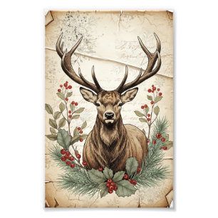 Vintage Christmas Deer Decoupage Art Photo Print