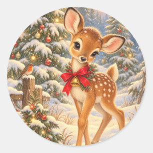 Vintage Christmas Deer Fawn in Snowy Woodland Classic Round Sticker