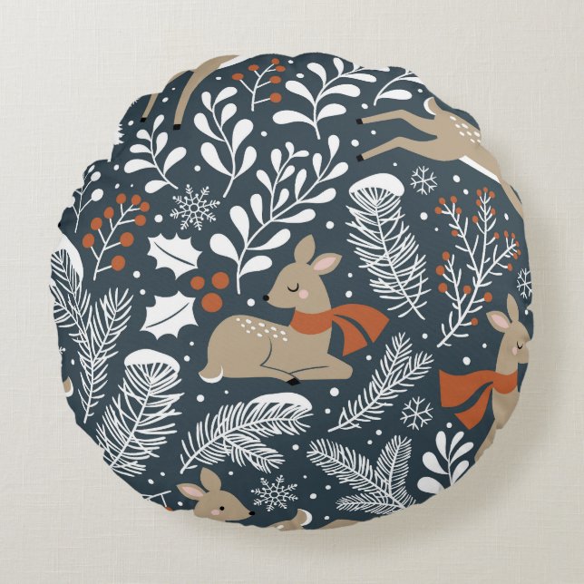 Vintage Christmas deer, festive design Round Cushion (Front)