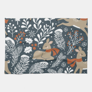 Vintage Christmas deer, festive design Tea Towel