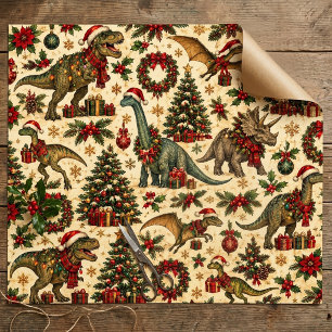 Vintage Christmas Dinosaur Pattern Holiday T-Rex   Wrapping Paper