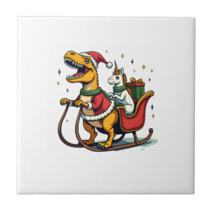 Vintage Christmas Dinosaur Unicorn Sleigh Funny Ho Ceramic Tile