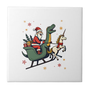 Vintage Christmas Dinosaur Unicorn Sleigh Funny Ho Ceramic Tile