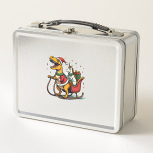 Vintage Christmas Dinosaur Unicorn Sleigh Funny Ho Metal Lunch Box