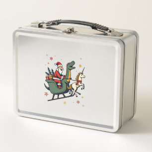 Vintage Christmas Dinosaur Unicorn Sleigh Funny Ho Metal Lunch Box