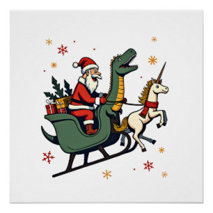 Vintage Christmas Dinosaur Unicorn Sleigh Funny Ho Poster