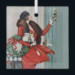Vintage Christmas Doorstep Illustration Glass Tree Decoration<br><div class="desc">Celebrate the charm of a classic winter holiday with this beautiful vintage-style illustration featuring an elegant woman in a vibrant red coat delivering festive gifts. Holding a holly wreath and ringing a doorbell in the snow, this nostalgic scene captures the warmth and sophistication of early 20th-century holiday fashion and seasonal...</div>
