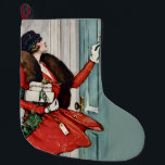Vintage Christmas Doorstep Illustration Large Christmas Stocking<br><div class="desc">Celebrate the charm of a classic winter holiday with this beautiful vintage-style illustration featuring an elegant woman in a vibrant red coat delivering festive gifts. Holding a holly wreath and ringing a doorbell in the snow, this nostalgic scene captures the warmth and sophistication of early 20th-century holiday fashion and seasonal...</div>
