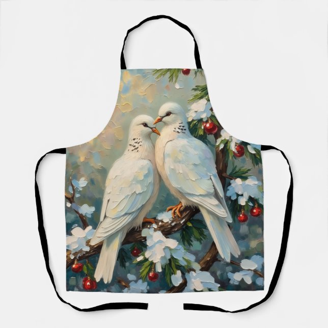 Vintage Christmas Doves on Snowy Evergreen Branch Apron (Front)