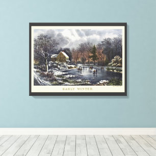 Vintage Christmas, Early Winter Skaters on a Pond Canvas Print
