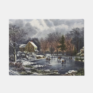Vintage Christmas, Early Winter Skaters on a Pond Doormat