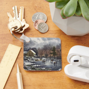 Vintage Christmas, Early Winter Skaters on a Pond Key Ring