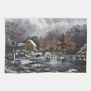 Vintage Christmas, Early Winter Skaters on a Pond Tea Towel