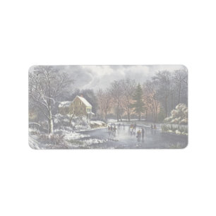 Vintage Christmas, Early Winter Skaters on Pond Label