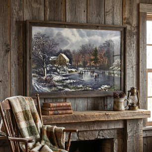 Vintage Christmas, Early Winter Skaters on Pond Poster