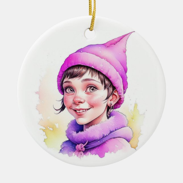 Vintage Christmas Elf  Personalised Ceramic Ornament (Front)