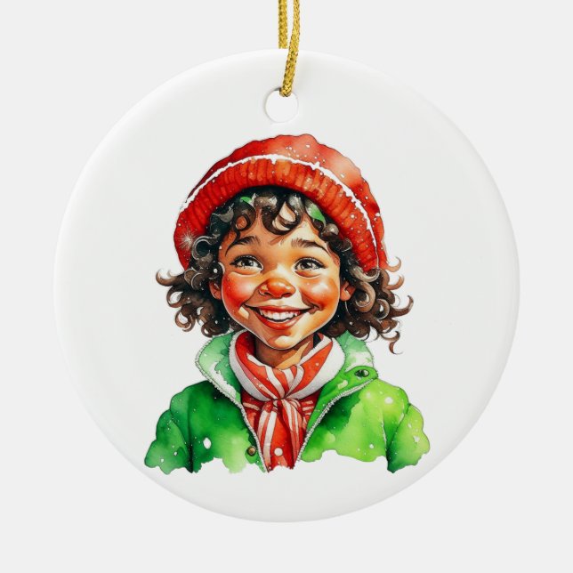 Vintage Christmas Elf  Personalised Ceramic Ornament (Front)