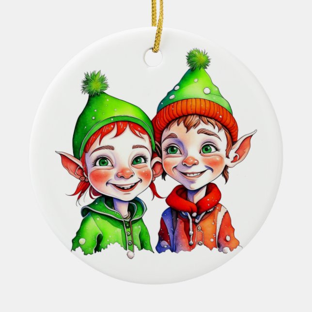 Vintage Christmas Elf  Personalised Ceramic Ornament (Front)