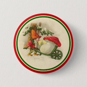 Vintage Christmas Elf with Mushroom 6 Cm Round Badge