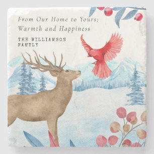 VINTAGE CHRISTMAS ELK RED CARDINAL PERSONALIZED  STONE COASTER