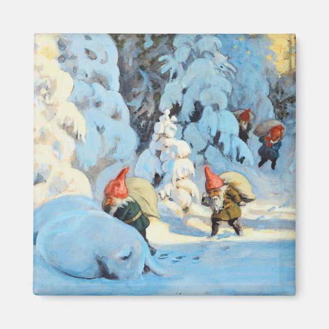 Vintage Christmas Elves Bringing Presents Magnet (Front)