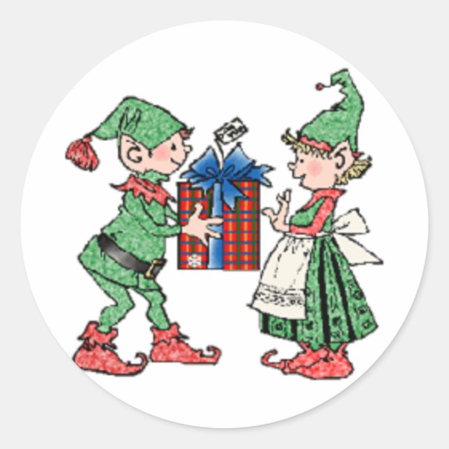 Vintage Christmas Elves Gift Giving Classic Round Sticker (Front)
