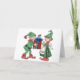 Vintage Christmas Elves Gift Giving Holiday Card