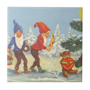 Vintage Christmas, Elves in the Snow Forest Winter Ceramic Tile