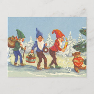 Vintage Christmas, Elves in the Snow Forest Winter Holiday Postcard