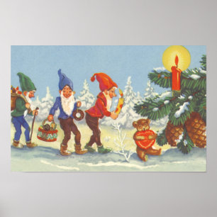 Vintage Christmas, Elves in the Snow Forest Winter Poster