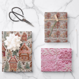 Vintage Christmas Emboidered Village  Wrapping Paper Sheet