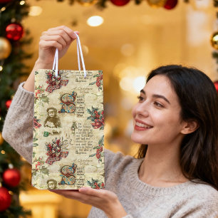 Vintage Christmas Ephemera, Holly & Ornate Text Medium Gift Bag