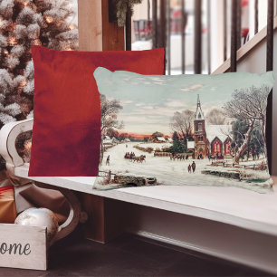 Vintage Christmas Eve Church in Snow Decorative Cushion