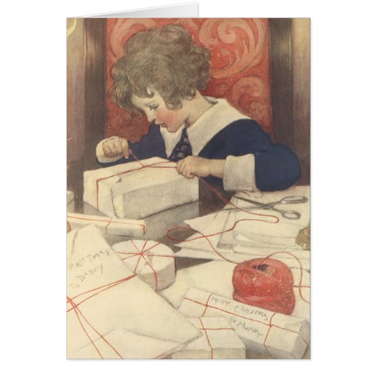 Vintage Christmas Eve, Girl Wrapping Presents Card