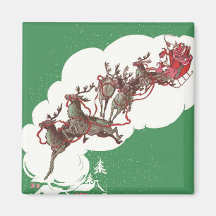 Vintage Christmas Eve, Retro Santa Claus in Sleigh Magnet