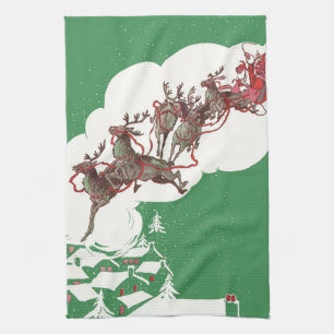 Vintage Christmas Eve, Retro Santa Claus in Sleigh Tea Towel