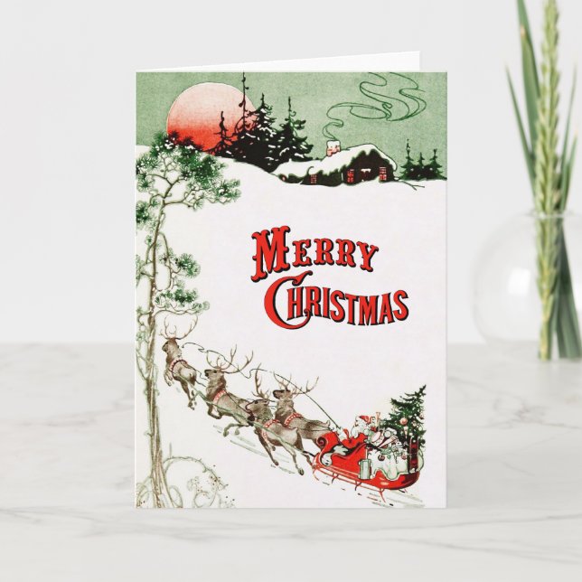 Vintage Christmas Eve Santa, Sleigh and Reindeer Holiday Card (Front)