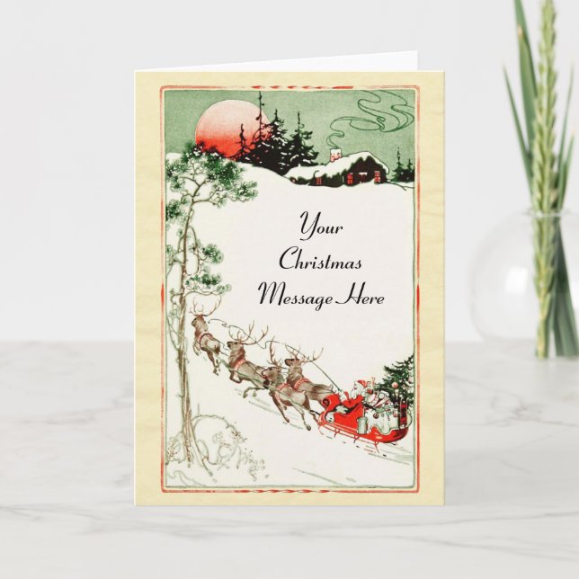 Vintage Christmas Eve Santa, Sleigh and Reindeer Holiday Card (Front)