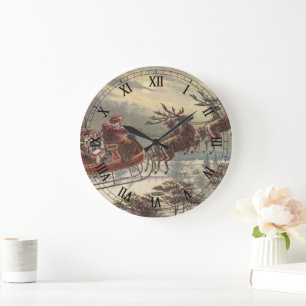 Vintage Christmas Eve Victorian Santa Claus Sleigh Large Clock