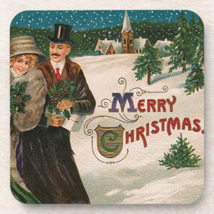 Vintage Christmas Eve Walk Set of Cork Coasters