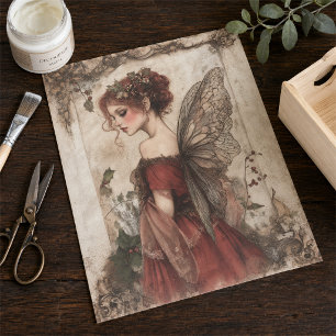 Vintage Christmas Fairy with Holly and Red Dress Tissue Paper