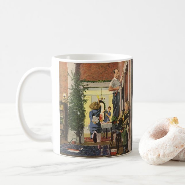 Vintage Christmas, Family Decorating the House Coffee Mug (With Donut)