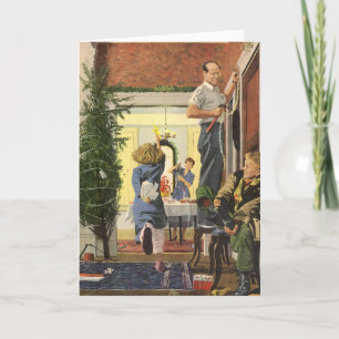 Vintage Christmas, Family Decorating the House Holiday Card