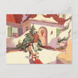 Vintage Christmas, Family House in the Snow Holiday Postcard