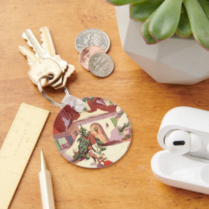 Vintage Christmas, Family House in the Snow Key Ring