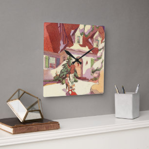 Vintage Christmas, Family House in the Snow Square Wall Clock