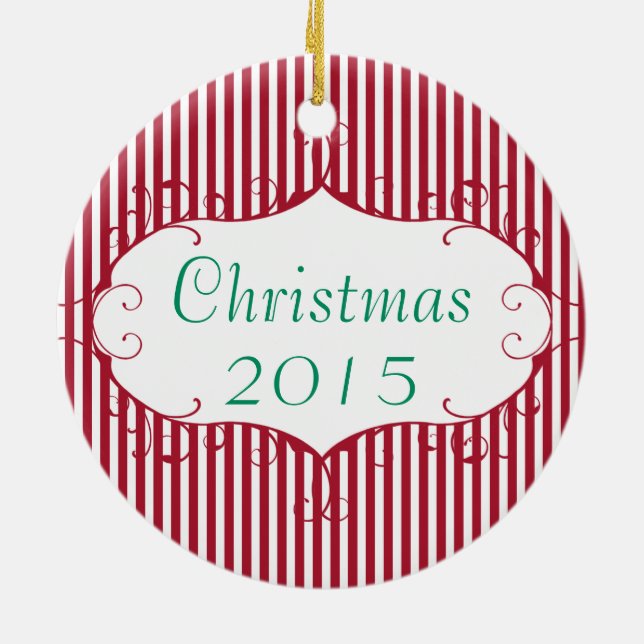 Vintage Christmas Family Photo Red Stripe Ornament (Back)