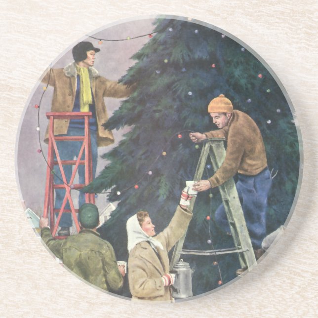 Vintage Christmas, Family Stringing Lights on Tree Coaster (Front)