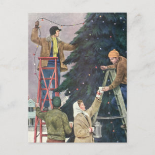 Vintage Christmas, Family Stringing Lights on Tree Holiday Postcard