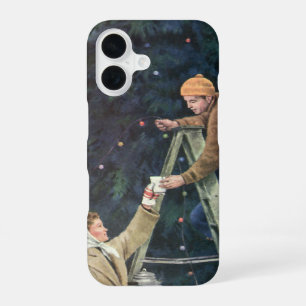 Vintage Christmas, Family Stringing Lights on Tree iPhone 16 Case